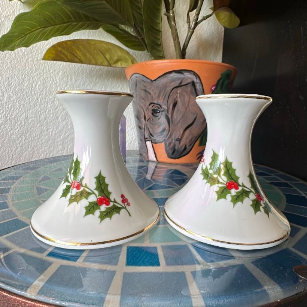 MCM porcelain holiday Christmas candle holders holly leaves & berries MADE IN JA